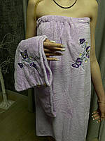 Женский набор чалма с полотенцем микрофибра Полотенце-халат на кнопках Комплект для бани и сауны сиреневый