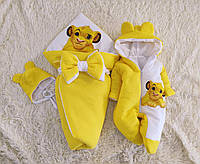 Комплект одежды из муслина 3 предмета для новорожденных, желтый с принтом Симба