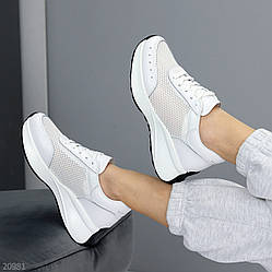 Базові літні білі кросівки натуральна шкіра флотар + текстильна сітка