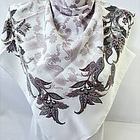 Женский нежный бежевый платок с народным цветочным орнаментом. Турецкий классический демисезонный платок Бело - Фиолетовый