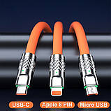 Кабель-трійник для швидкого заряджання Type-C/Lightning(IPhone)/Micro-usb 120w 6A (120 см) блакитний, USB 3в1, фото 4