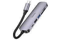 USB-хаб Hoco HB28 Type-C multi-function converter(HDTV+USB3.0+USB2.0+SD+TF+PD) Metal Gray