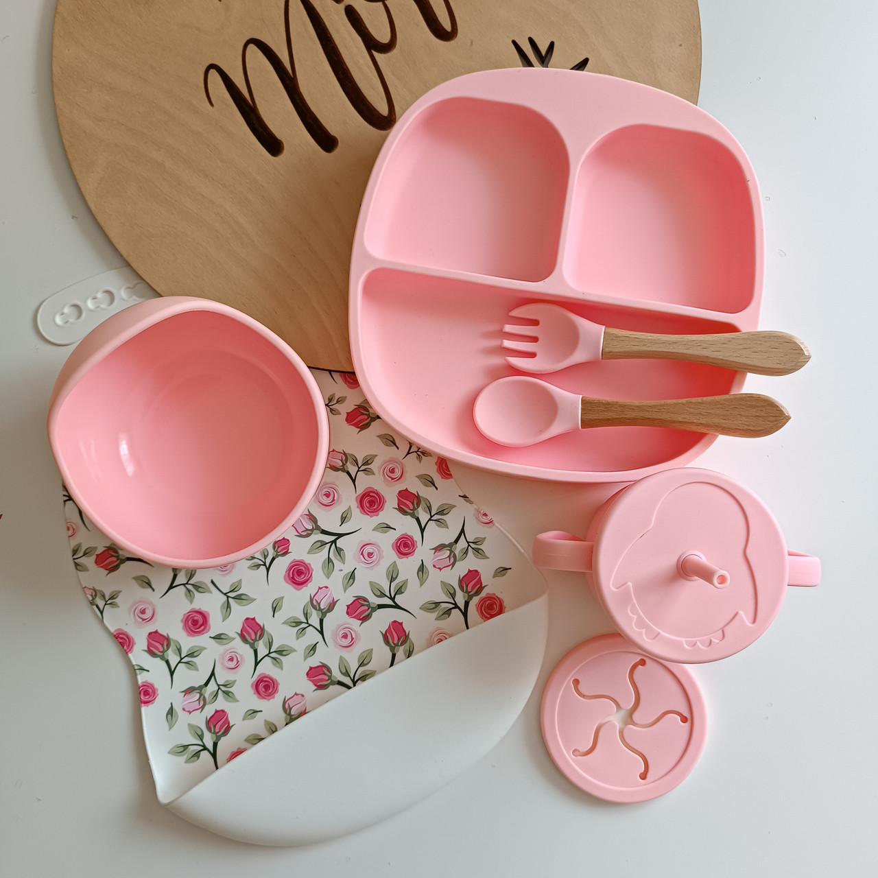Набір дитячого посуду для першого прикорму для дівчинки Рожевий Роза кварц