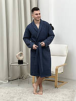 Мужской вафельный халат темно синий на запах банный халат для мужчин с вафельной ткани