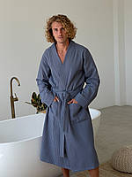 Чоловічий вафельний халат синій на запах лазневий халат для чоловіків із вафельної тканини оренго