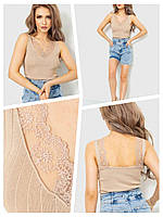 Женская стильная укороченная нарядная бежевая майка-топ рубчик с кружевом размер 42/46