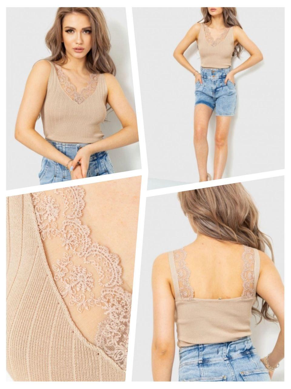 Женская стильная укороченная нарядная бежевая майка-топ рубчик с кружевом размер 42/46 - фото 1 - id-p2173363168