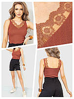 Женская стильная укороченная нарядная терракотовая майка-топ рубчик с кружевом
