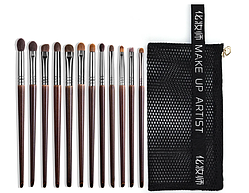 Набір пензлів з натуральним ворсом (кози, поні, ласки) для макіяжу очей OVW, 12 штук у брендовій косметичці