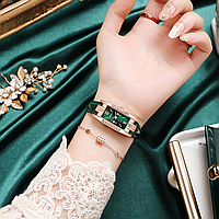 Женские наручные часы прямоугольной формы украшены камешками и лакированим ремешком Зеленый, Зеленый
