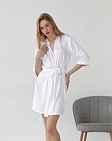 Короткий женский шелковый халат на запах белого цвета с поясом и рукавом три четверти размеры S, M, L