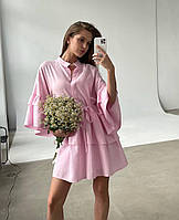 Женское легкое летнее красивое нарядное нежное льняное короткое пышное платье (4 цвета) Розовый, 42/44