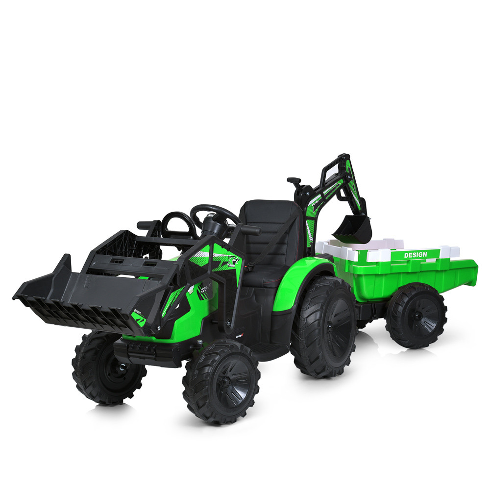 ВЕЛИКИЙ дитячий трактор - електромобіль з причепом та двома ківшами Bambi, зелений
