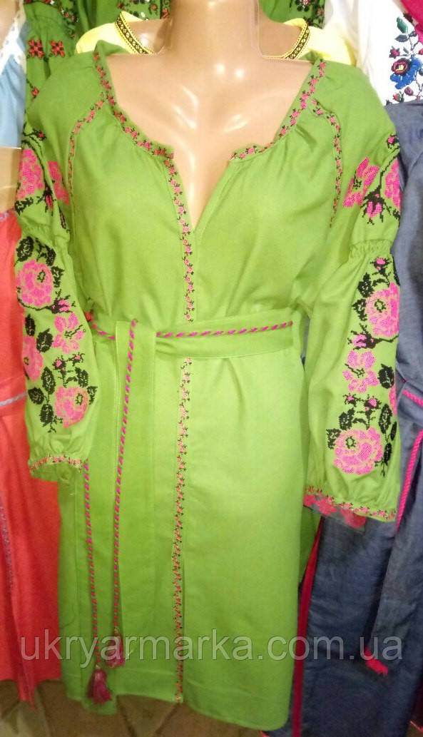 Вишите плаття "Слобідська троянда" оливковий зелений