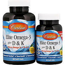 Омега 3 + вітамін D3 і вітамін К, Omega-3 Plus D & K, Carlson, 60 + 30 гелевих капсул
