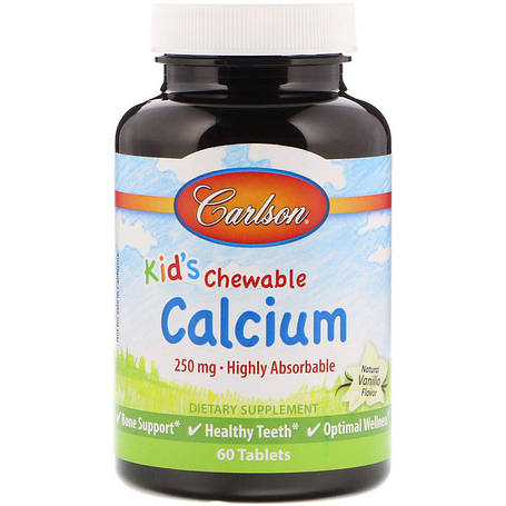 Жувальний кальцій для дітей, Chewable Calcium, Carlson, ваніль, 250 мг, 60 таблеток, фото 1