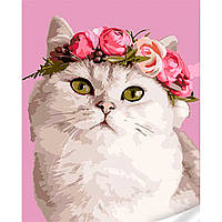 Картина по номерам Strateg ПРЕМИУМ Кошка с венком из цветов с лаком и с уровнем размером 30х40 см (SS1101)