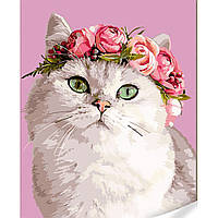 Картина по номерам Strateg Кошка с венком из цветов на цветном фоне размером 40х50 (GS1601)