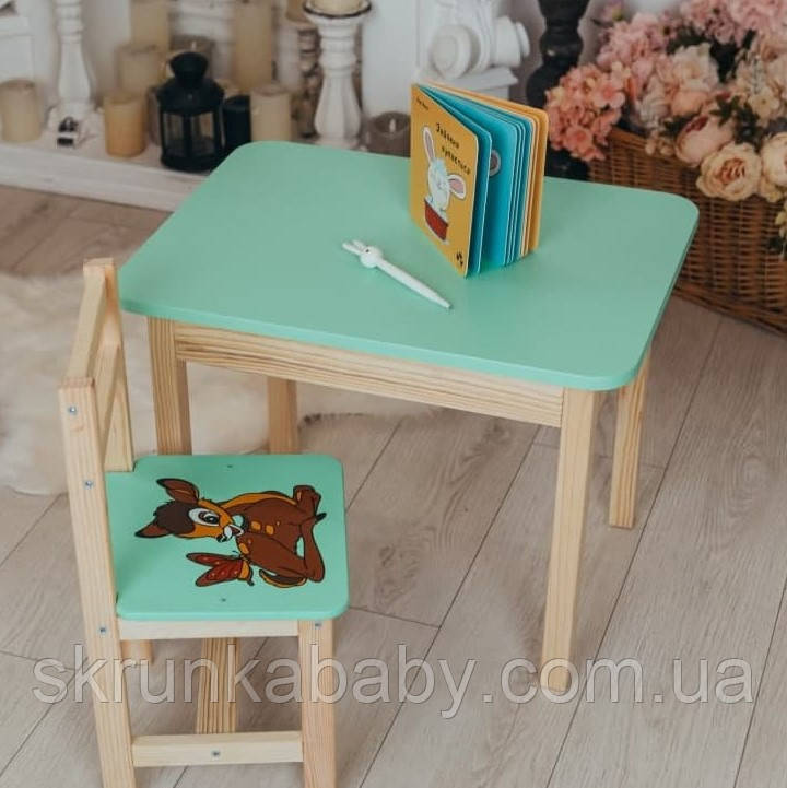 Дитячий стіл  із шухлядою і стілець м'ятний із зображенням оленя. Для гри, навчання, малювання.