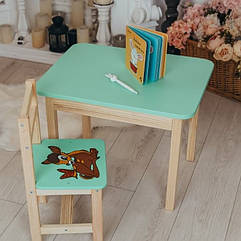 Дитячий стіл  із шухлядою і стілець м'ятний із зображенням оленя. Для гри, навчання, малювання.