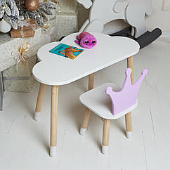 Білий столик хмарка та стільчик корона дитячий фіолетовий. Білосніжний столик дитячий.