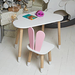 Дитячий  білий стіл хмарка і стільчик зайчик рожевий. Білий столик дитячий