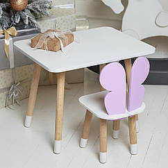 Дитячий  білий прямокутний стіл та стільчик  фіолетовий метелик з білим сидінням. Дитячий  білий столик