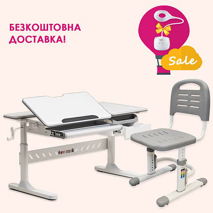 Комплект парта з пеналом Fundesk Fiore Grey + стілець стільчик Fundesk SST3LS Grey для школяра хлопчика, фото 1