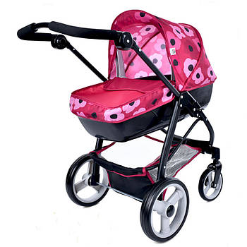 Класичний дитячий візочок для ляльок з люлькою та регулюванням ручки FiVEoNiNE T726031 Червона з квітами
