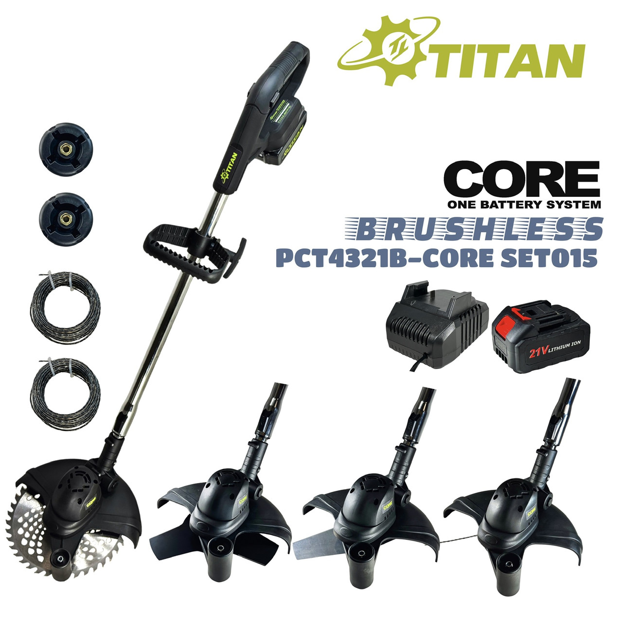 Тример акумуляторний 21В, безщітковий. PCT4321B-CORE SET015