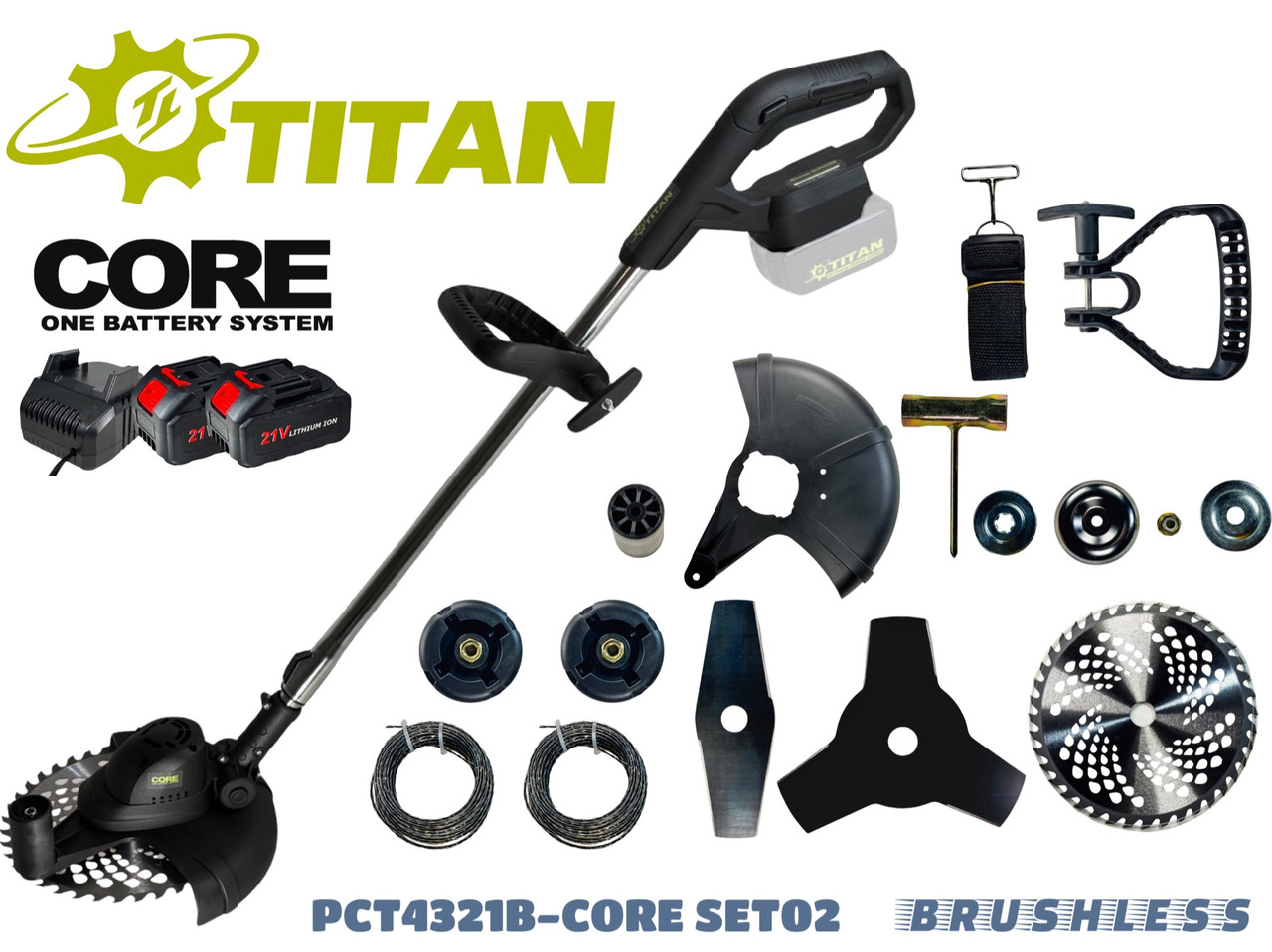 Тример акумуляторний 21В, безщітковий. PCT4321B-CORE SET02