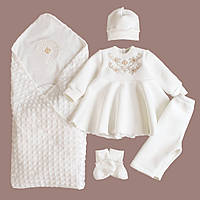 Полный набор для крещения с кряжмой для девочки молочный, Крестильная рубашка для девочки с крыжмой пледом, 74