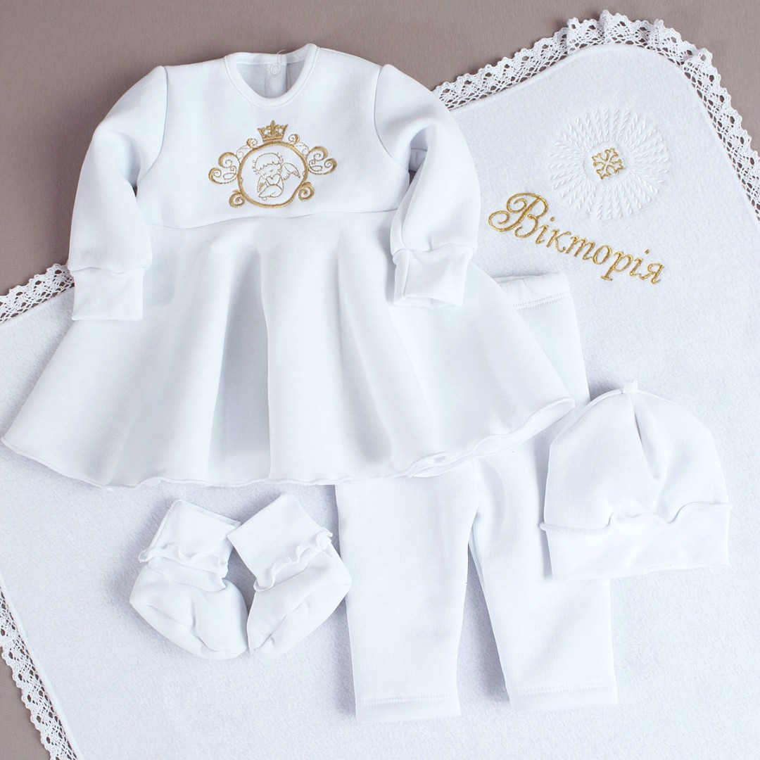 Тепле плаття на хрещення з іменною крижмою, Хрестильні набори з вишивкою, Плаття для дівчинки на хрестини