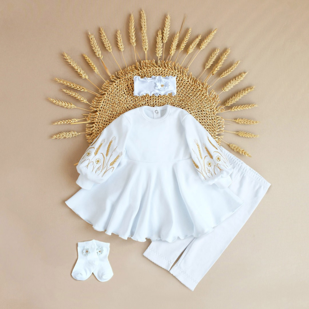 Білий Комплект ясельний з вишивкою колосся на рукавах сукні для дівчинки