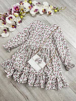 Детское платье из легкой ткани софт с сумочкой (104 размер) белое в цветочек