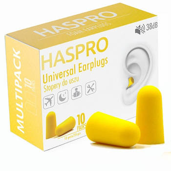 Беруші пінні для роботи, сну, відпочинку Haspro Multipack 10 пар 38дБ, Жовтий