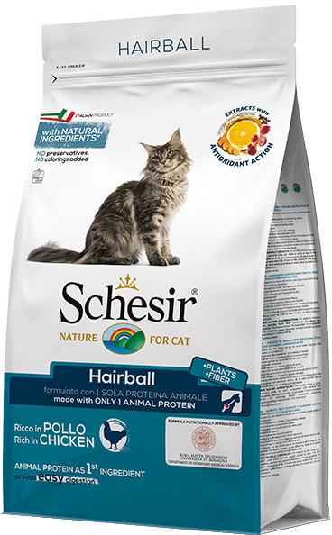 Сухий монопротеіновий корм для виведення шерсті для дорослих котів з довгою шерстю Schesir Cat Hairball д з куркою 1.5 кг