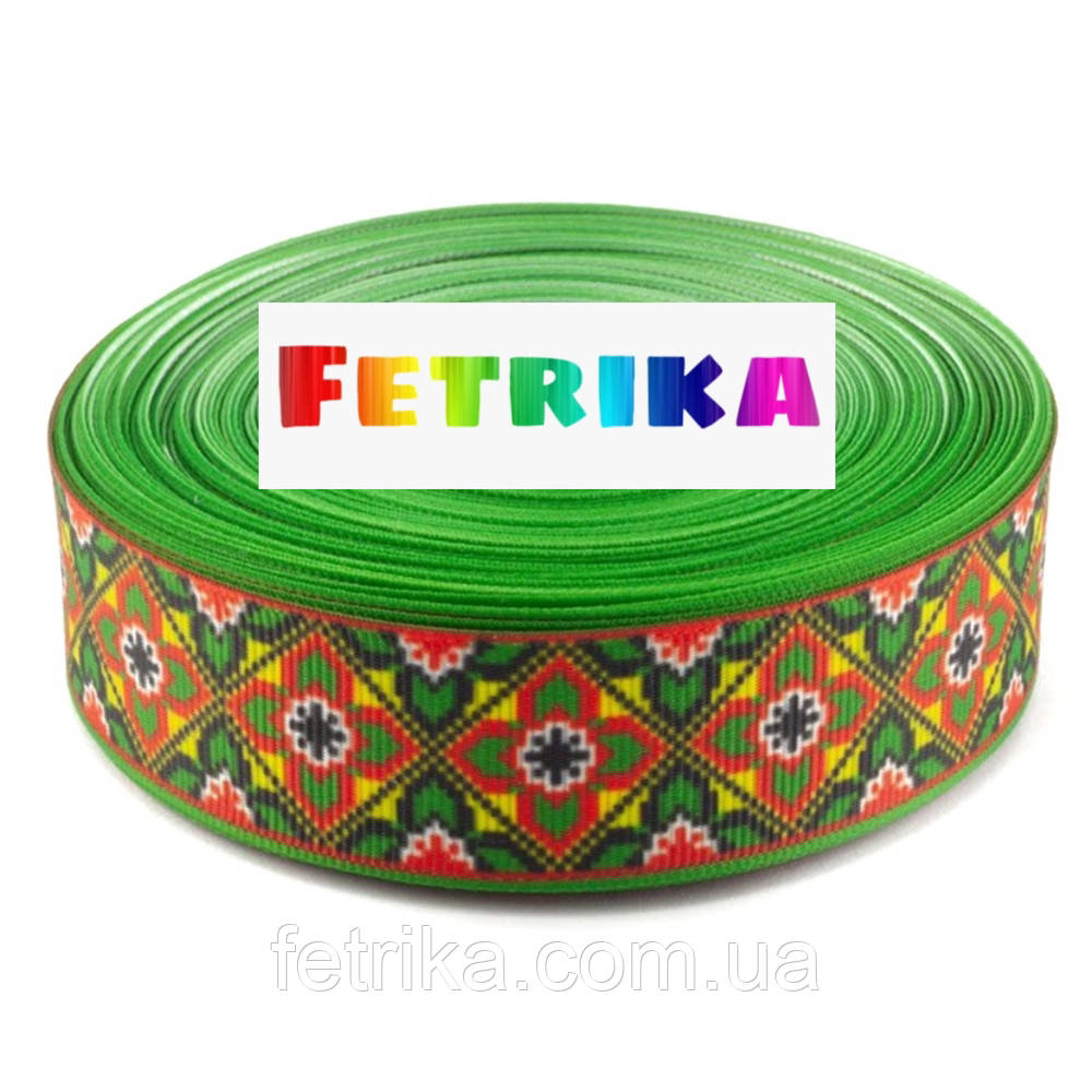 Репсова стрічка з українським орнаментом "Гуцульский орнамент" 2,5 см, зелена, фото 1