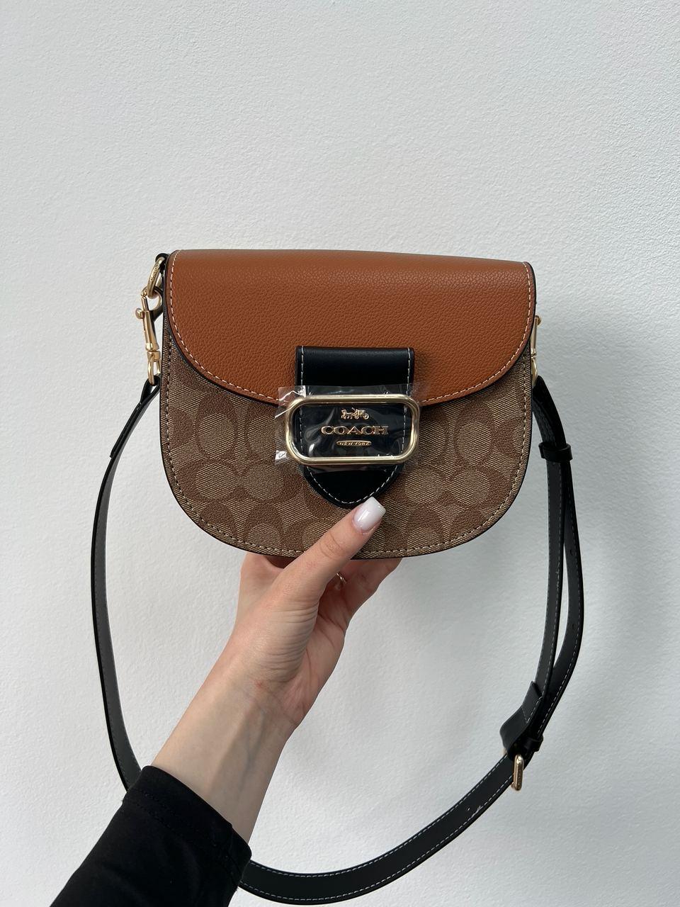 Жіноча сумка Коуч коричнева Coach Brown Morgan Saddle Bag In Colorblock Signature