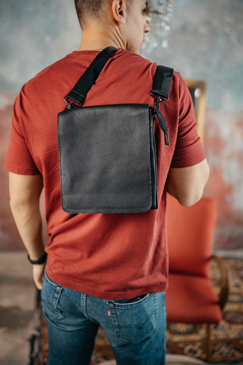 Чоловіча барсетка з клапаном, чорна сумка через плече з натуральної шкіри, класичний месендджер