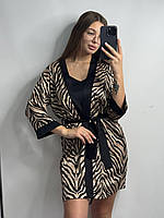 Женский шелковый комплект двойка ночная рубашка + халатик цвет бежевая зебра размеры XS/S, M/L, XL/XXL