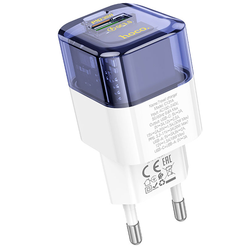 МЗП Hoco C131A Platium PD30W+QC3.0 (1USB-A/1C) Transparent blue, фото 1