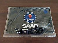 Набор с логотипом Saab, коврик на торпеду авто, плетеный кожаный брелок для авто ключей