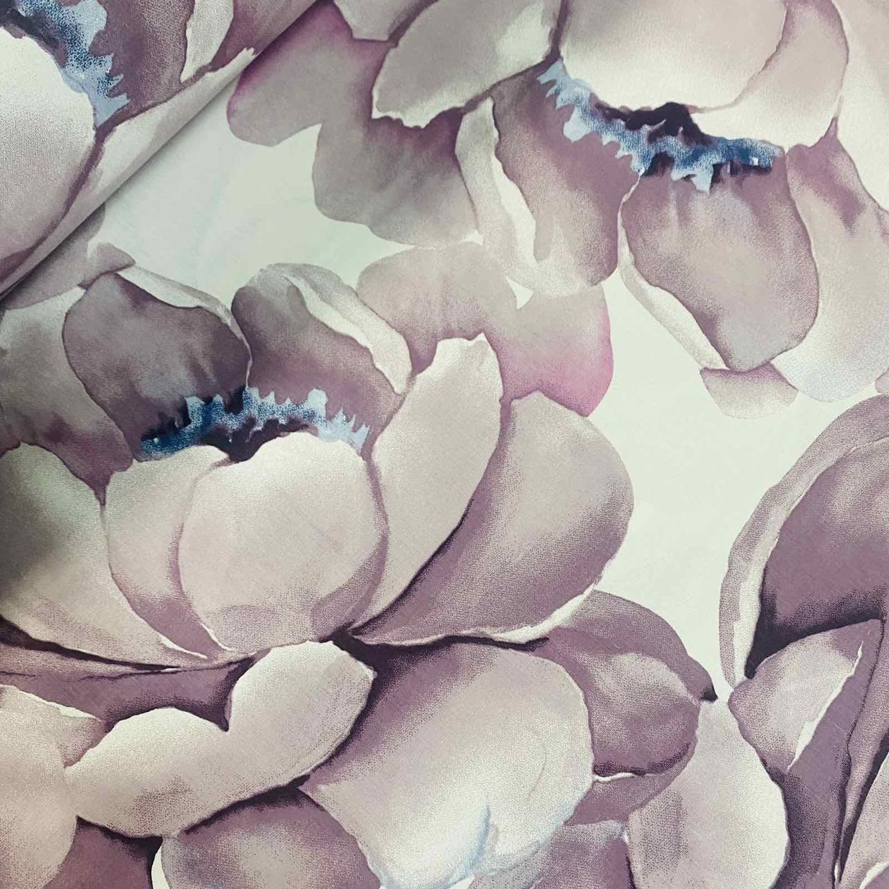 Тканина поплін великі бузкові квіти на білому (ТУРЦІЯ шир. 2,4 м) (R-FR-0746), фото 1