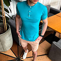 Мужская футболка Поло бирюзовая яркая модная стильная на парня весна-лето из хлопка однотонная короткий рукав