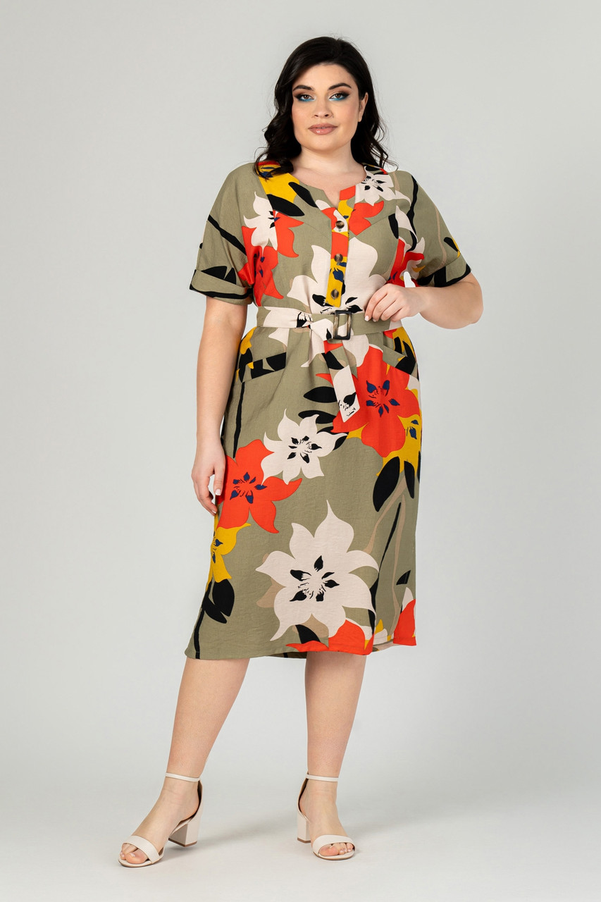 Стильна жіноча лляна сукня з квітковим принтом, великі розміри