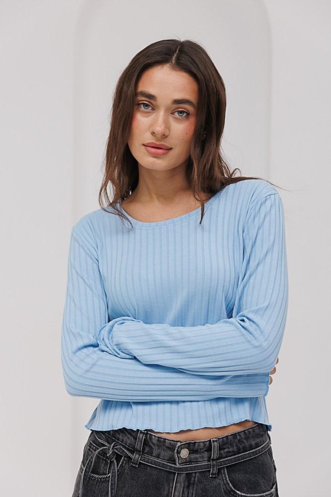 Лонгслів arjen жіночий однотонний укорочений кофточка рубчик L блакитний, фото 1
