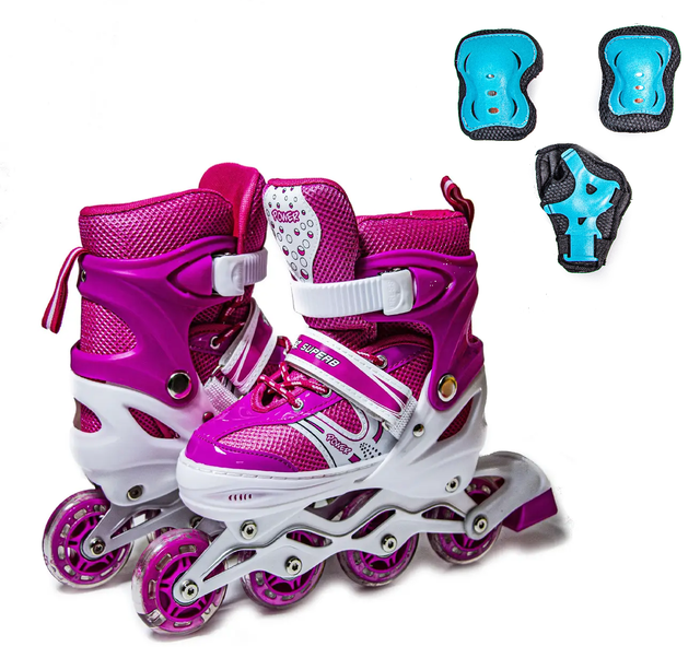 Ролики + наколенники + налокотники + защита на ладони Super Power. Pink. Размеры 29-33 / 38-41