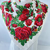 Весенний терновый платок с розами и маками. Украинский народный женский натуральный платок Белый