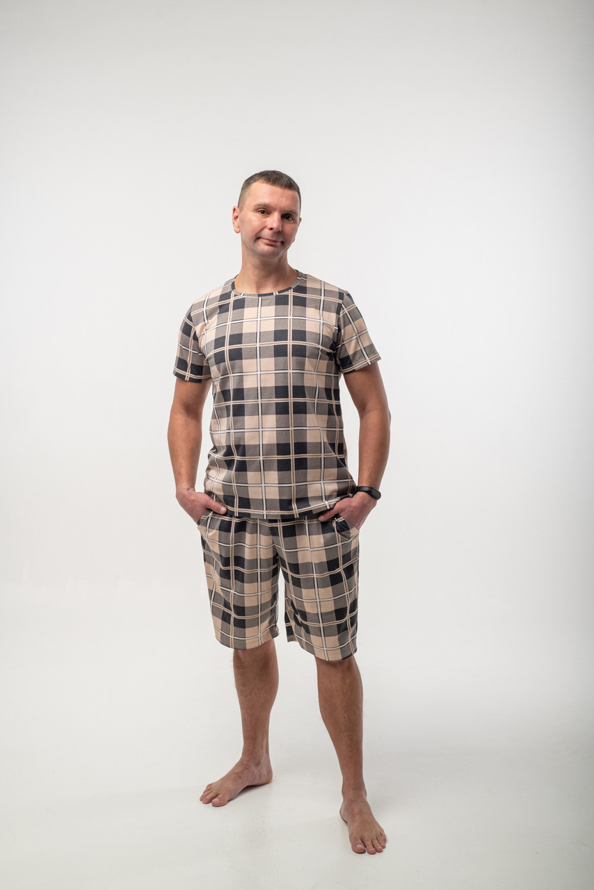 Чоловіча піжама з футболкою бежева у клітинку, трикотаж, фото 1